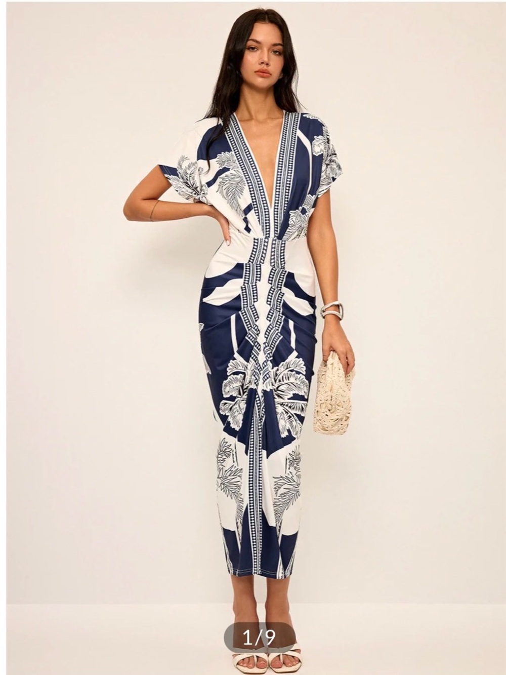 Navy & White Floral V-Neck Midi Dress - Picture 1 of 3
